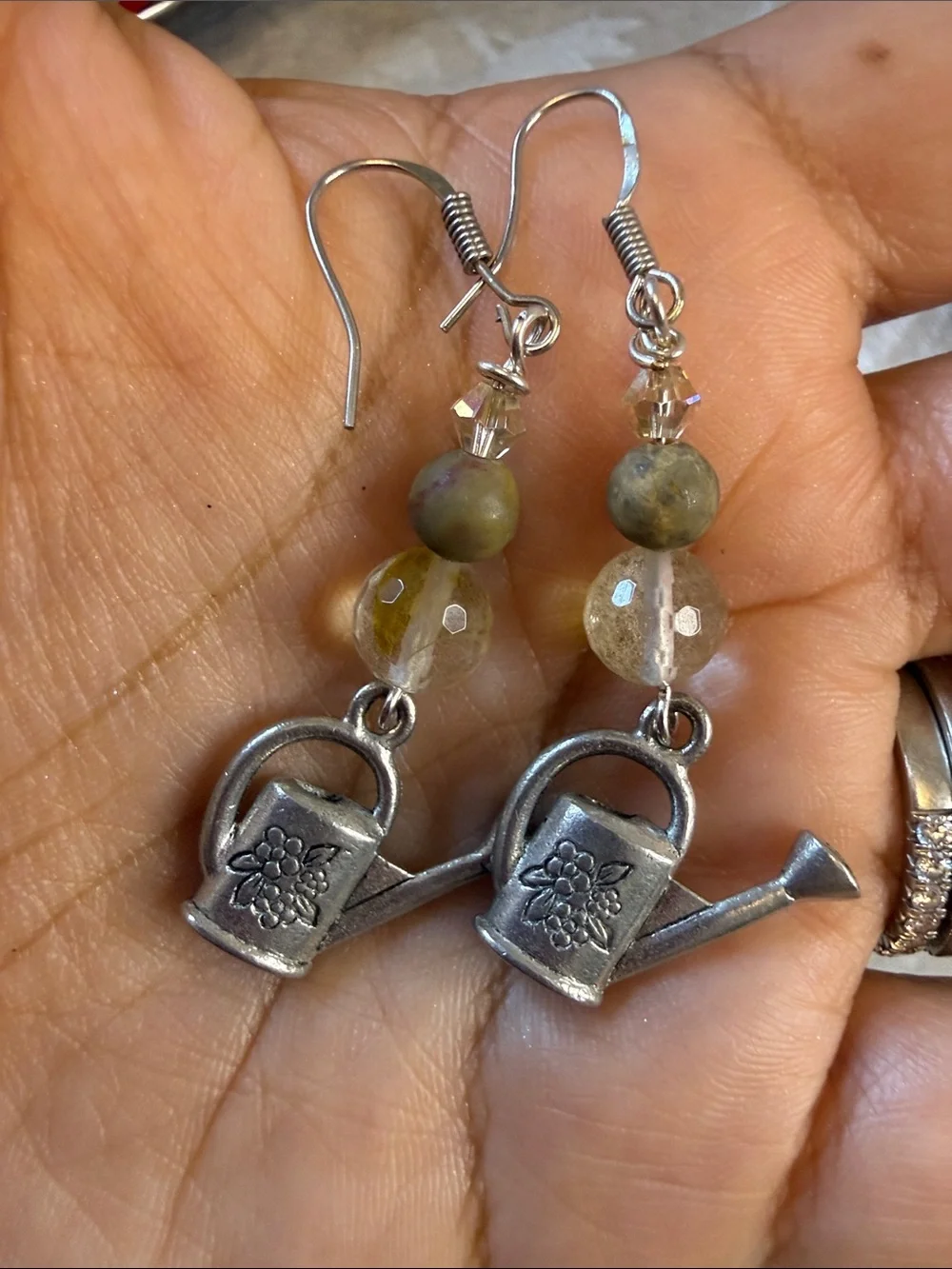 Sterling silver Garden Watering Can Drop Earrings - Yellow Bead Accent,